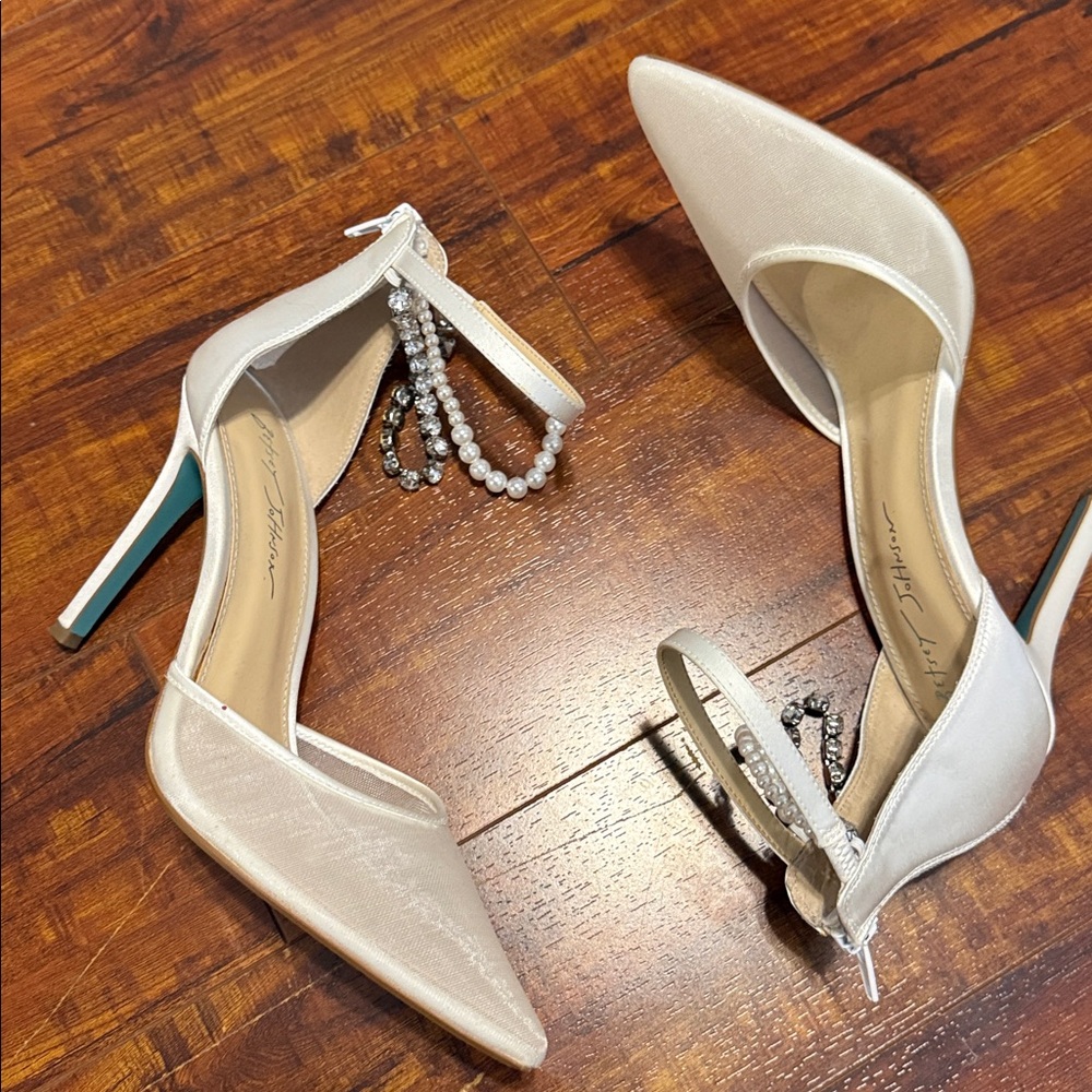 Betsey Johnson Tegan White Pearl & Rhinestone Ankle Strap Heels - Picture 3 of 4